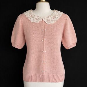 Vintage Chaus Petites Pink Knit Sweater Lace Collar Pearl Buttons Size PS